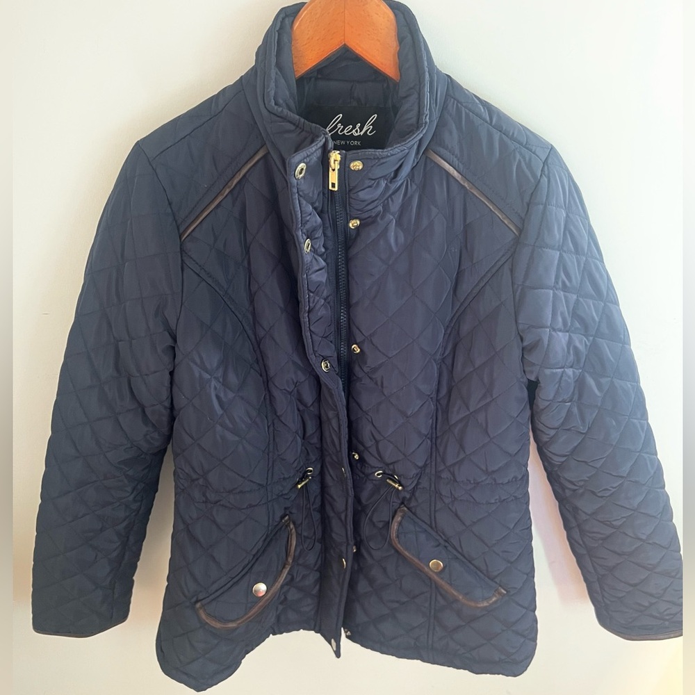 Blue Quilted Puffer Jacket w/ Gold Accents & Drawstring Waist – Size M - Picture 1 of 8